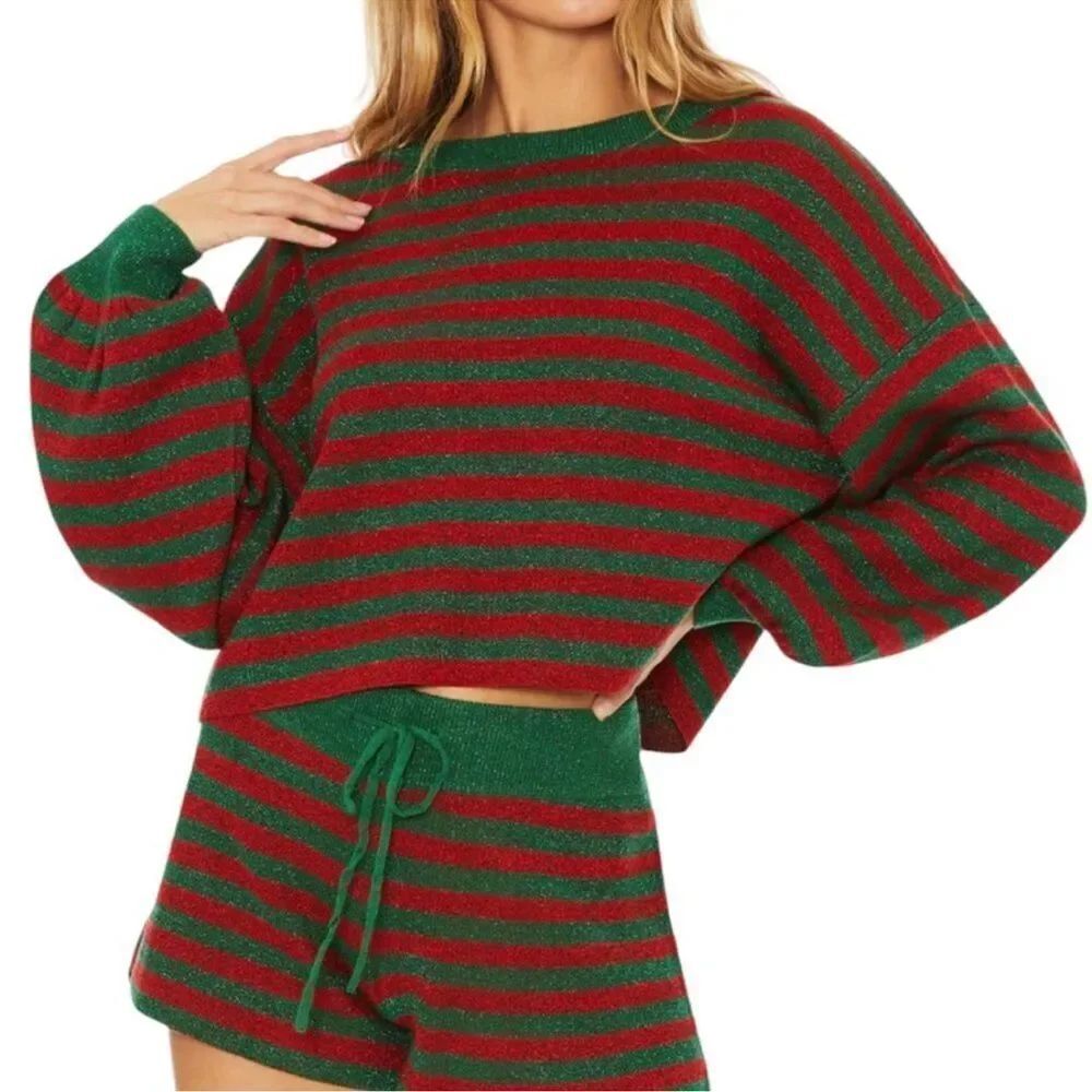 Beach Riot Ava Sweater Holiday Glitter Stripe Green Red Size Medium